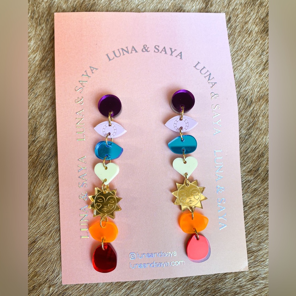 Luna & Saya Chakra Linear Drop Earrings with Sun and Rainbow charms